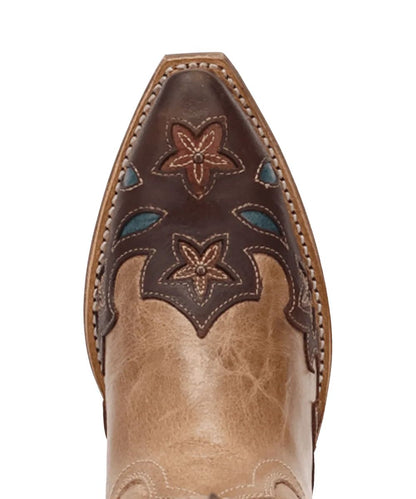 Close-up view of the snip toe, showcasing the bronze studded accents