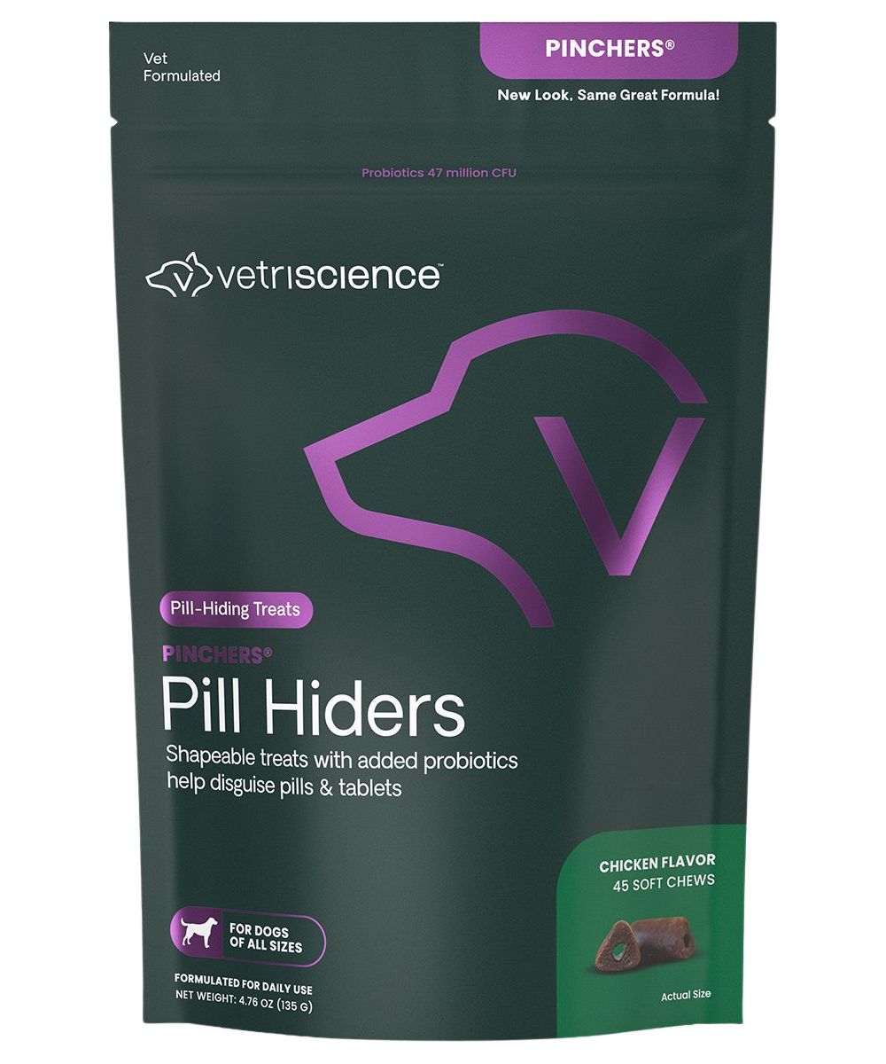 Vet Science Pinchers Pill Hiders dog supplement in a navy stand-up pouch with purple and white text, labeled chicken flavor.