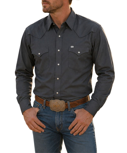 Men's Solid Charcoal Grey Western Pearl Snap Shirt Featuring Chest Pockets And Vented Yokes