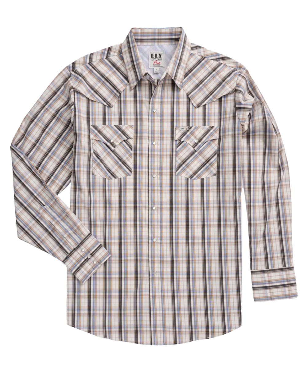 Men's Long Sleeve Tan Plaid Western Snap Shirt With UPF 50+ Protection