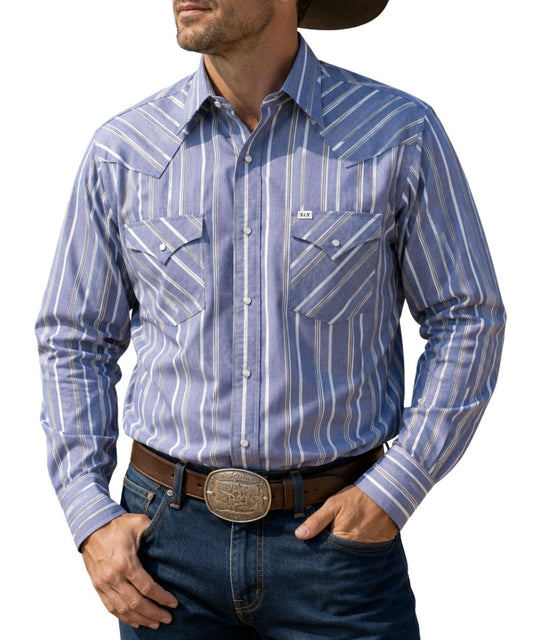 Front view of a man modeling the long sleeve western pearl snap shirt