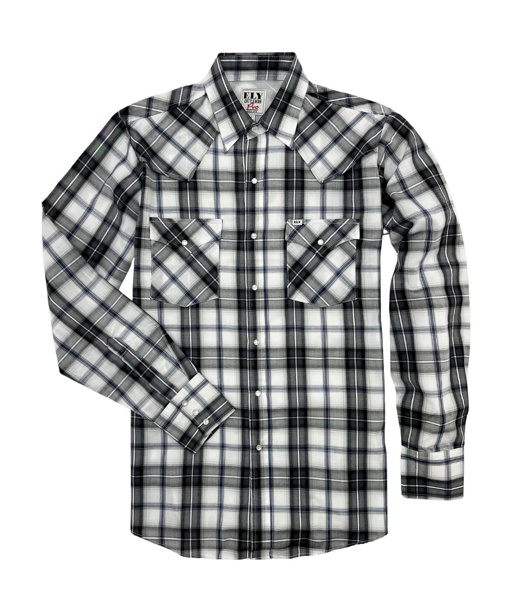 Front view of the men's black plaid western snap shirt featuring chest pockets, pearl snaps, and vented yokes