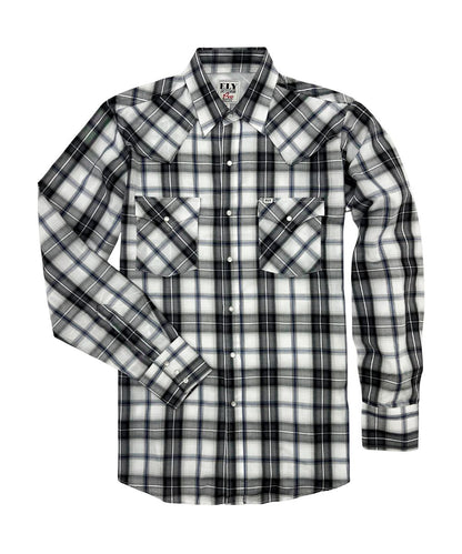 Front view of the men's black plaid western snap shirt featuring chest pockets, pearl snaps, and vented yokes