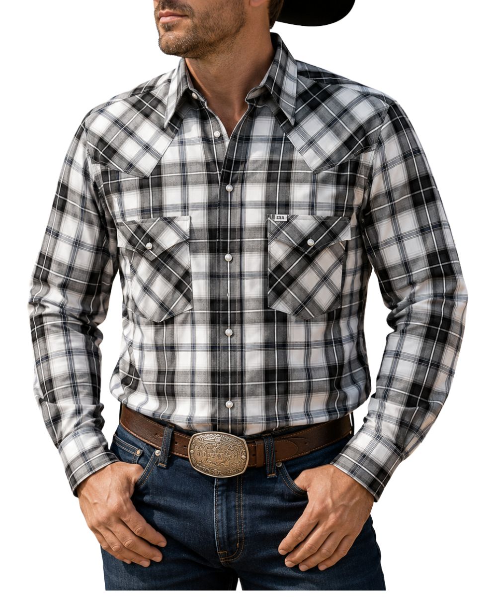 Front view of a man modeling the black plaid snap shirt
