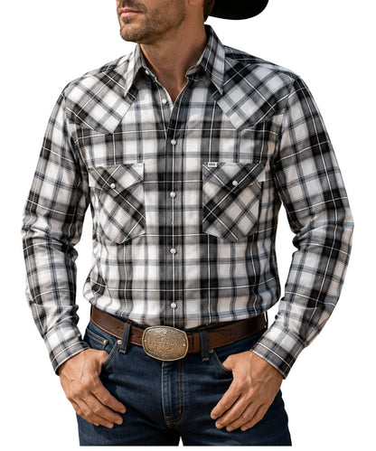 Front view of a man modeling the black plaid snap shirt