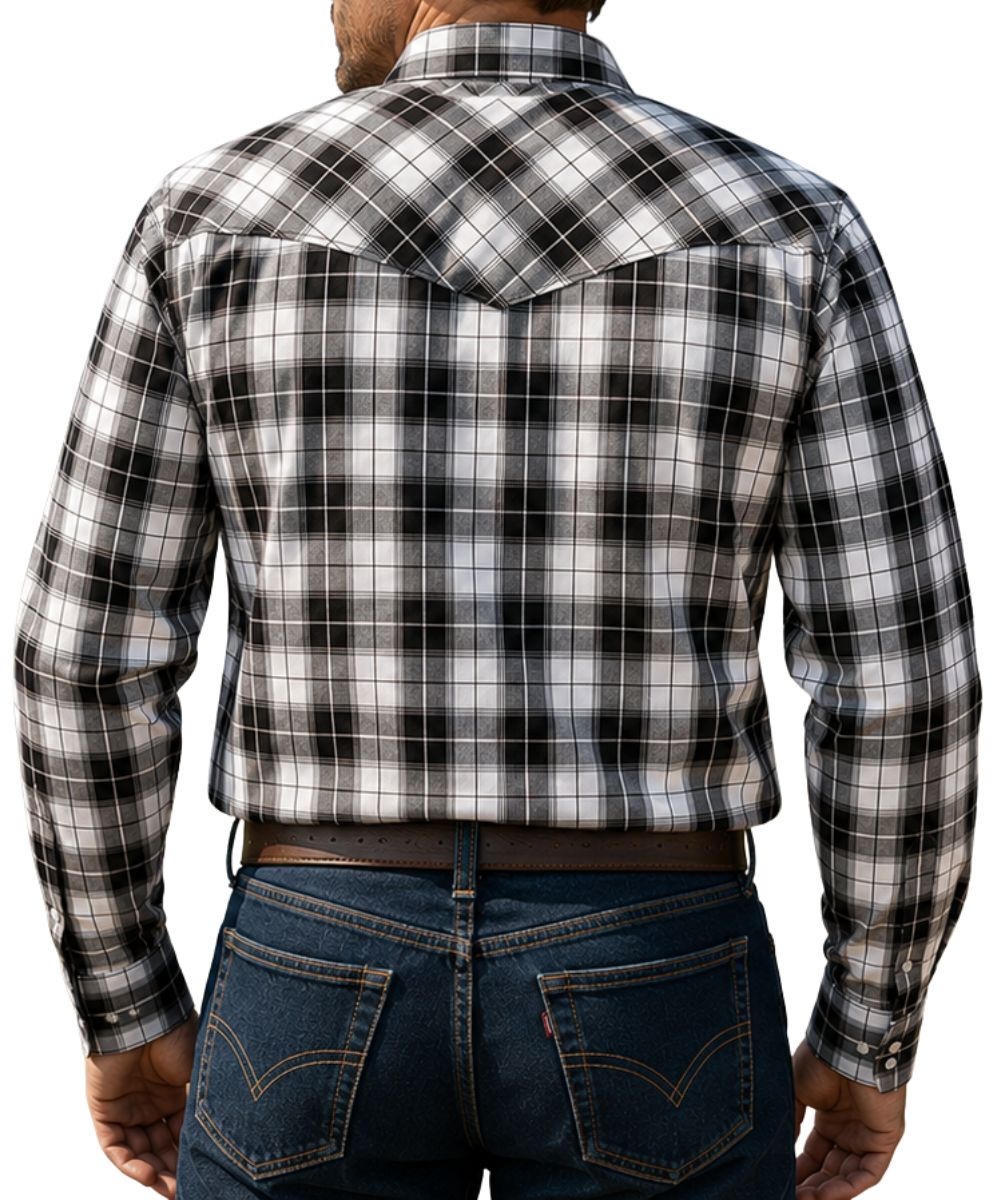 Back view of a man modeling the black plaid western snap shirt