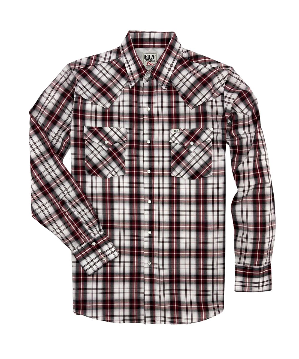 Front view of the men's burgundy plaid western snap shirt featuring chest pockets, pearl snaps, and vented yokes