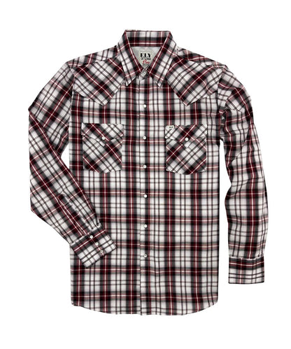 Front view of the men's burgundy plaid western snap shirt featuring chest pockets, pearl snaps, and vented yokes