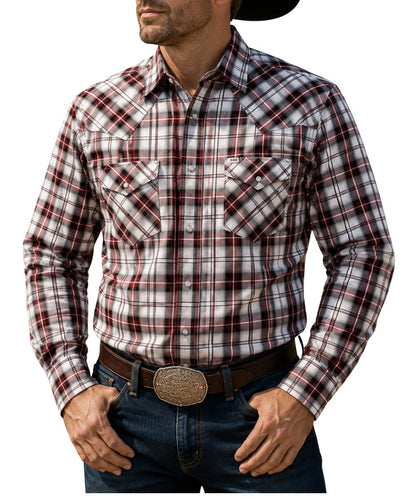 Front view of a man modeling the burgundy plaid western snap shirt