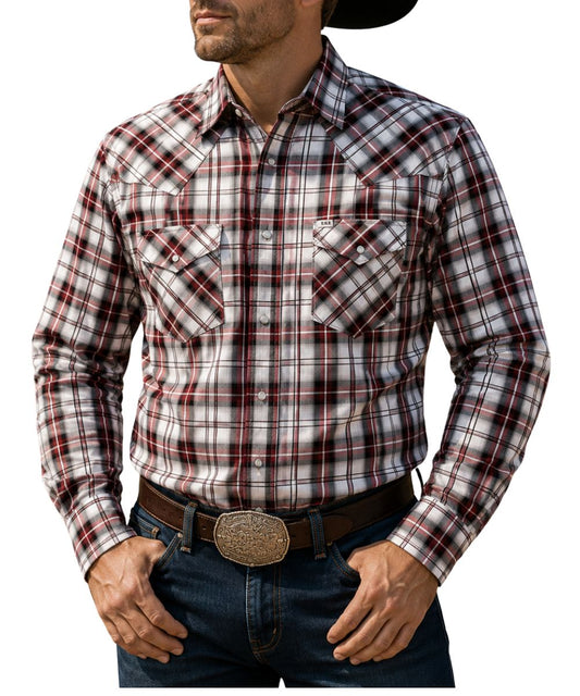 Front view of a man modeling the burgundy plaid western snap shirt