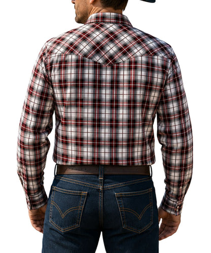 Back view of a man modeling the burgundy plaid western snap shirt