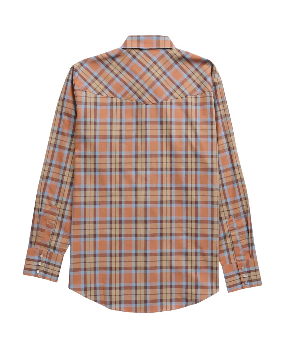 Back view of the men's long sleeve pearl snap shirt featuring the plaid print and western yokes