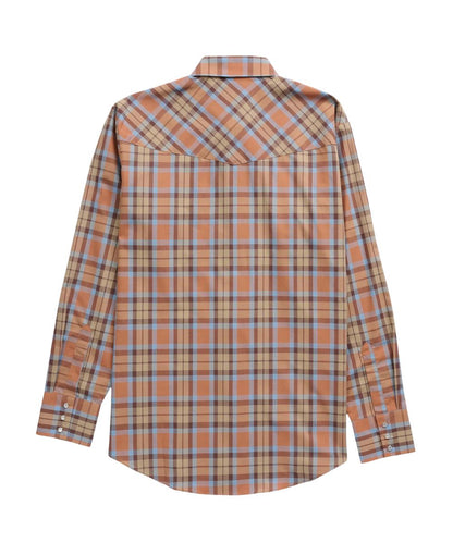 Back view of the men's long sleeve pearl snap shirt featuring the plaid print and western yokes