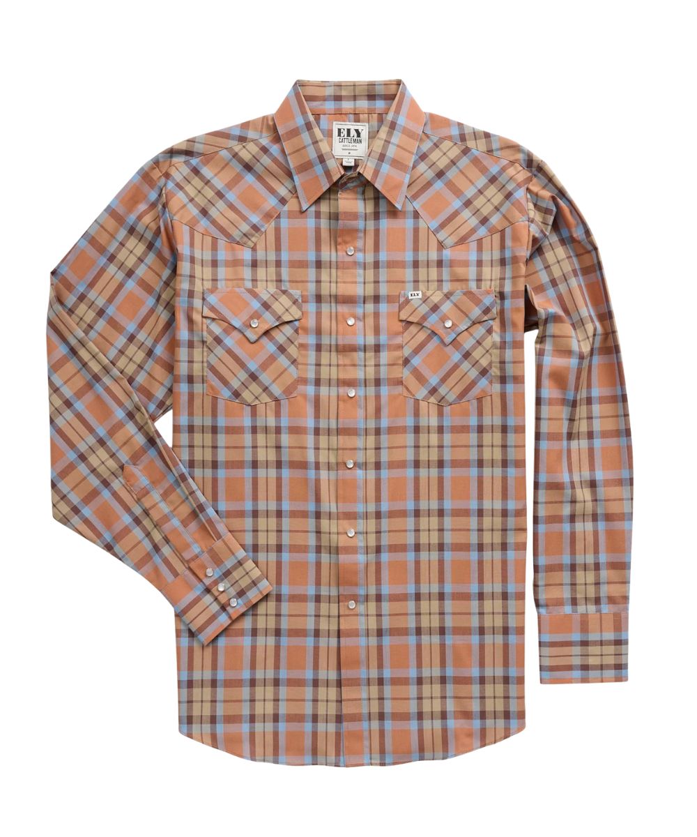 Front view of the men's Ely Cattleman Tan Plaid Western Snap Shirt featuring the pearl snaps, chest pockets, and western yokes