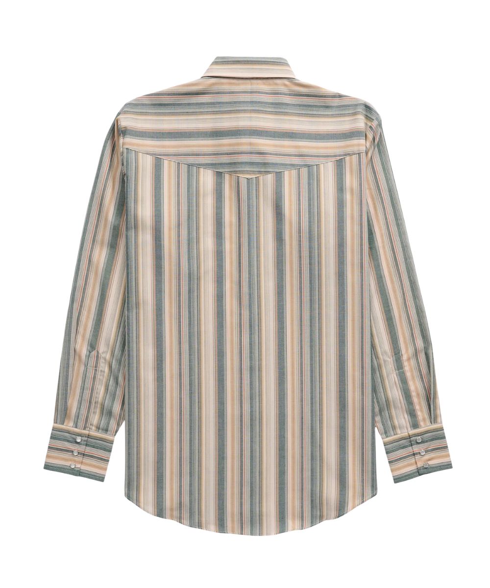 Back view of the men's long sleeve pearl snap shirt featuring the western yokes and ecru textured stripes