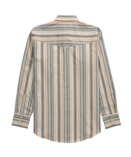 Back view of the men's long sleeve pearl snap shirt featuring the western yokes and ecru textured stripes
