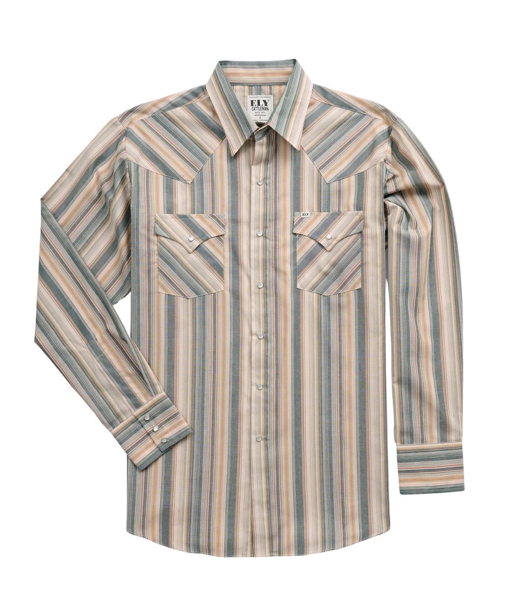 Front view of the men's Ely Cattleman Ecru Textured Stripe Western Snap Shirt featuring the pearl snaps, western yokes, and chest pockets