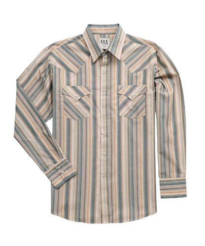 Front view of the men's Ely Cattleman Ecru Textured Stripe Western Snap Shirt featuring the pearl snaps, western yokes, and chest pockets
