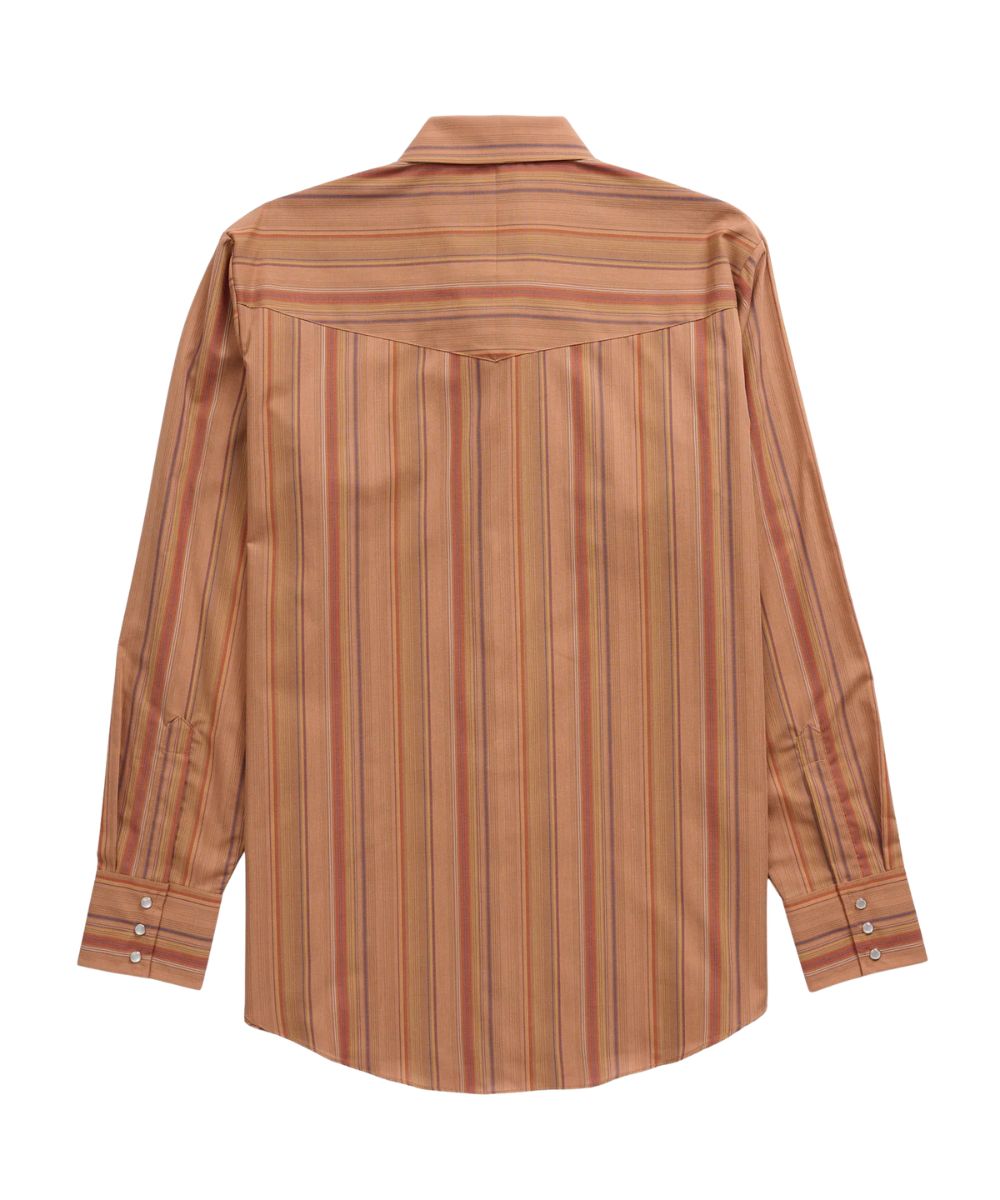 Back view of the men's long sleeve pearl snap shirt featuring the tan textured stripe print and western yokes