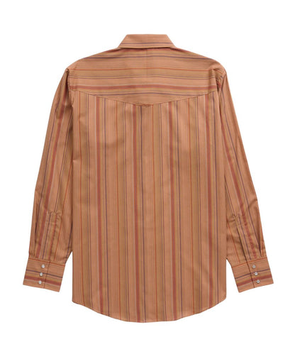 Back view of the men's long sleeve pearl snap shirt featuring the tan textured stripe print and western yokes
