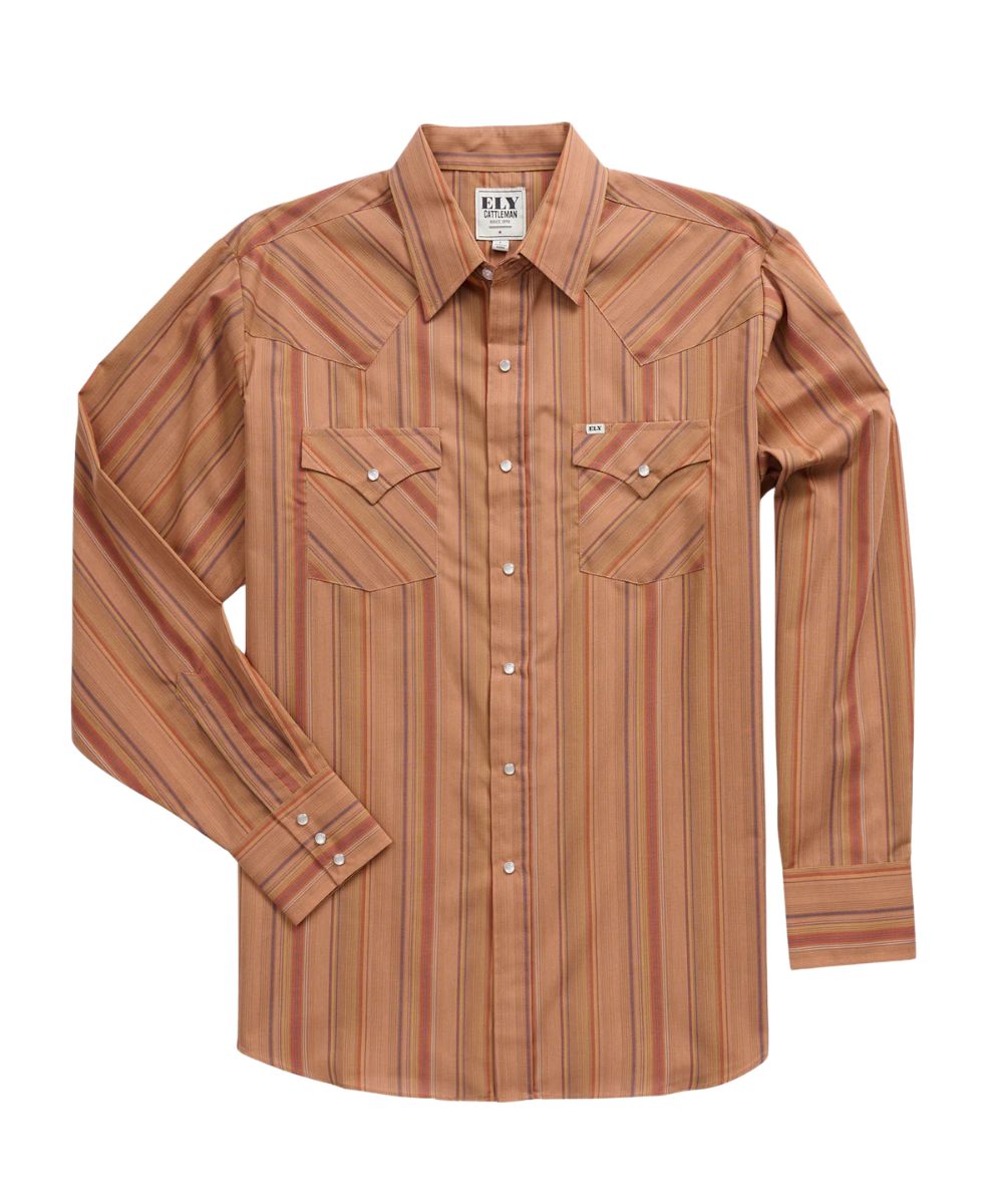Front view of the men's Ely Cattleman Tan Textured Stripe Western Snap Shirt featuring the pearl snaps, western yokes, and chest pockets