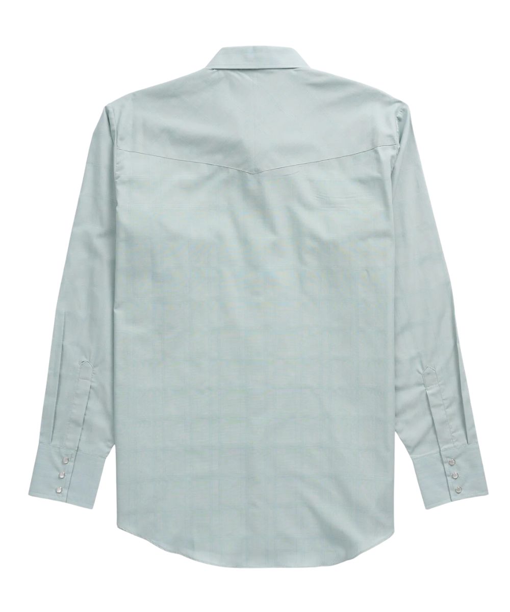 Back view of the men's dusty aqua long sleeve pearl snap shirt featuring the single point western yokes