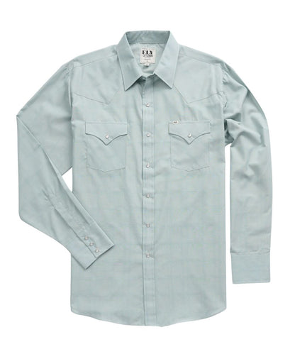 Front view of the men's dusty aqua Ely Cattleman long sleeve snap shirt featuring the relaxed fit, pearl snaps, snap flap chest pockets, and the tonal dobby windowpane plaid print