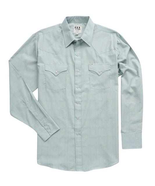 Front view of the men's dusty aqua Ely Cattleman long sleeve snap shirt featuring the relaxed fit, pearl snaps, snap flap chest pockets, and the tonal dobby windowpane plaid print