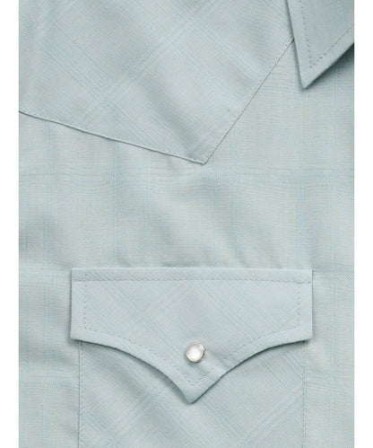 Close-up view of the tonal dobby windowpane plaid print
