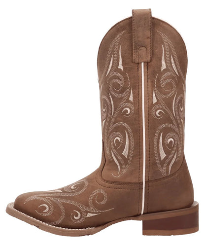 Left side view of the women's leather western boot featuring the leather pull tabs for an easy on