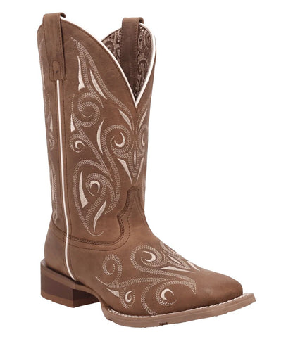 Right angled view of the women's Lared Tan Spurred Leather Boot featuring the 11" shaft and the white western stitching