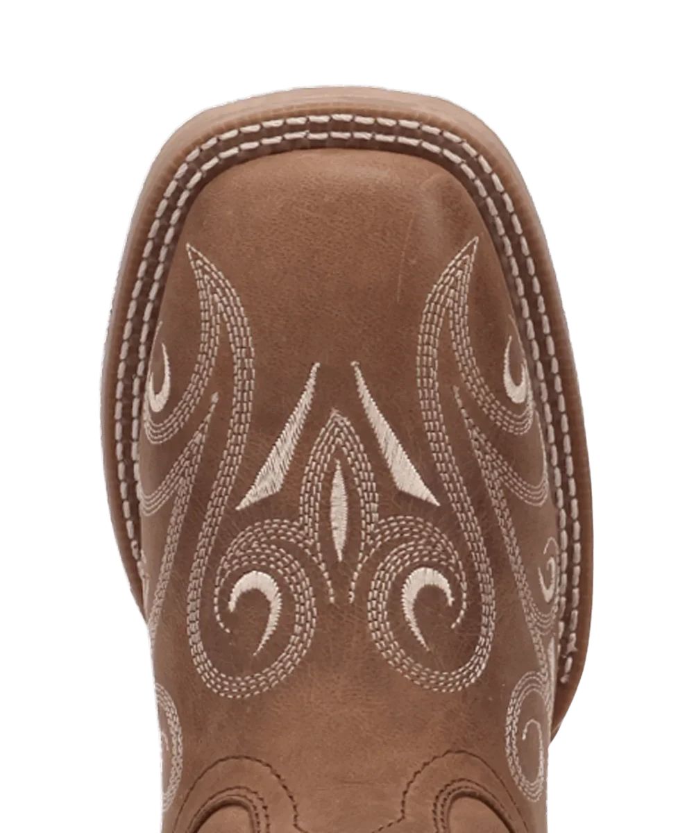 Birdseye zoomed view of the tan leather broad square toe