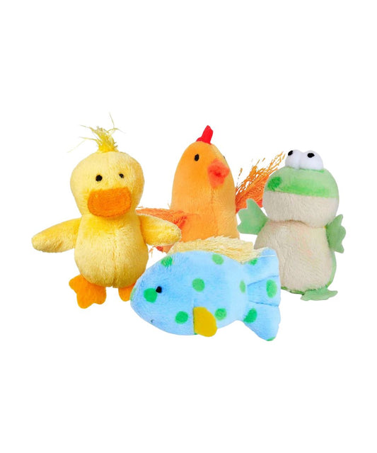 3" plush cat toy filled with catnip, make animal sounds for interactive play. Assorted animals include: duck, chicken, frog, or fish