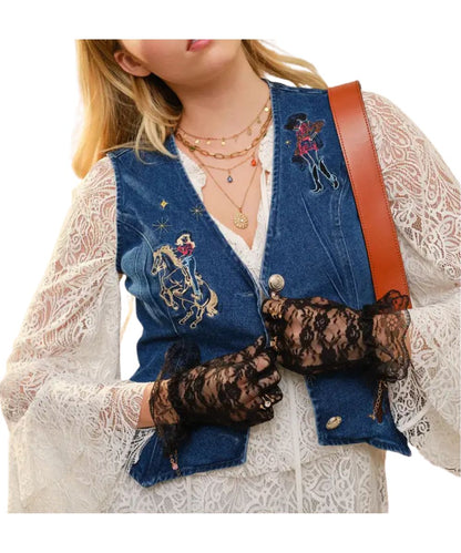 Women's Dark Wash Denim Vest Featuring Western Embroidery And Button Front Closure