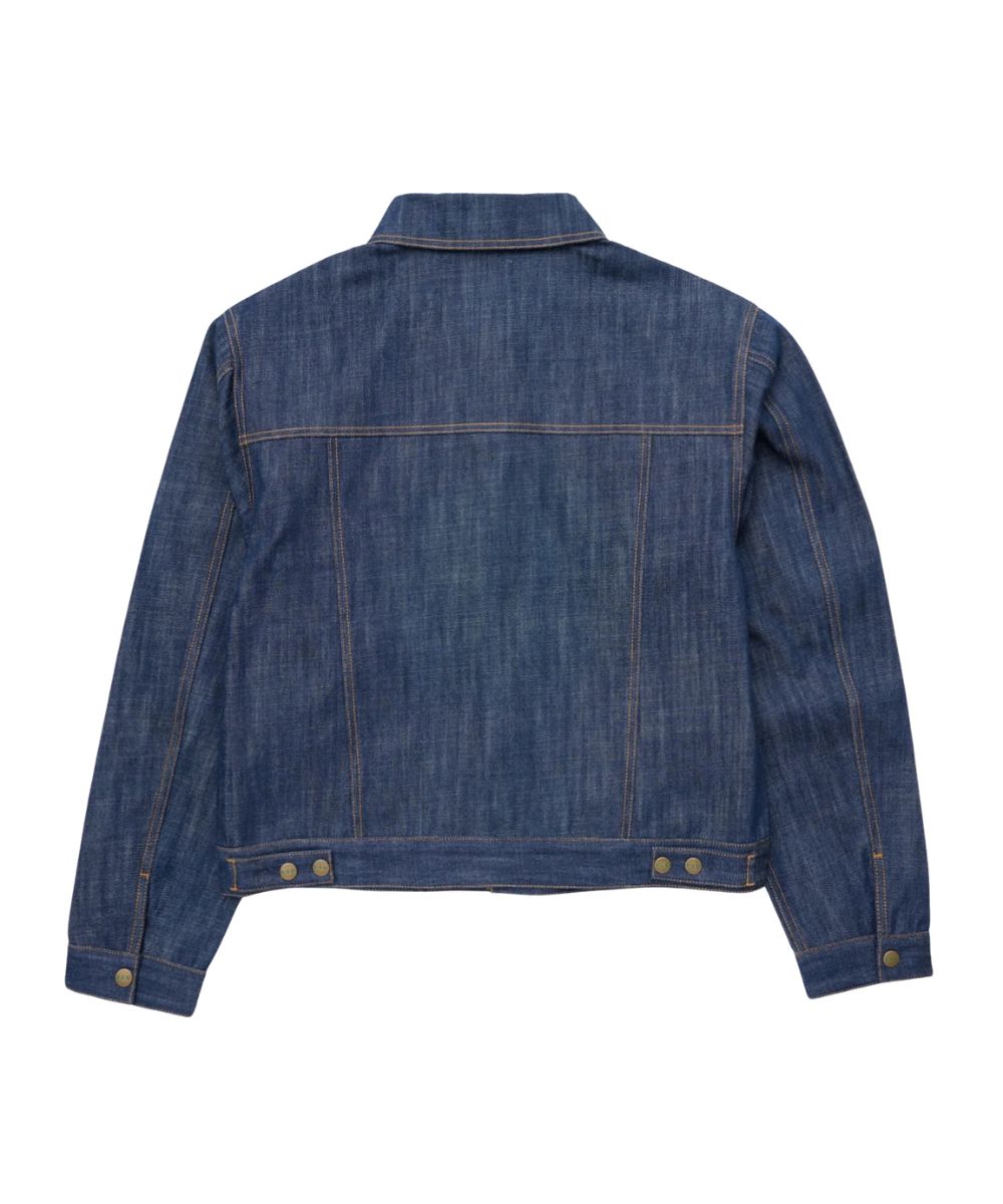 Back view of the men's denim trucker jacket featuring the raw denim, contrast stitching, and logo snaps