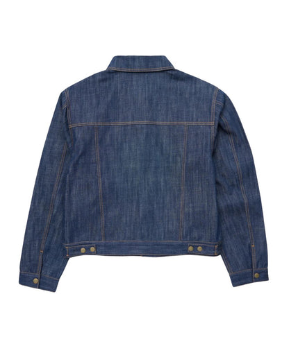 Back view of the men's denim trucker jacket featuring the raw denim, contrast stitching, and logo snaps