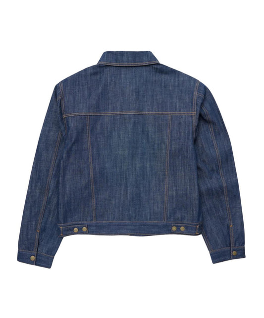 Back view of the men's denim trucker jacket featuring the raw denim, contrast stitching, and logo snaps