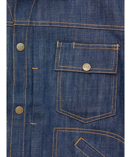 Close-up view of the snap flap chest pockets with a pen slot, logo snaps, and contrast stitching