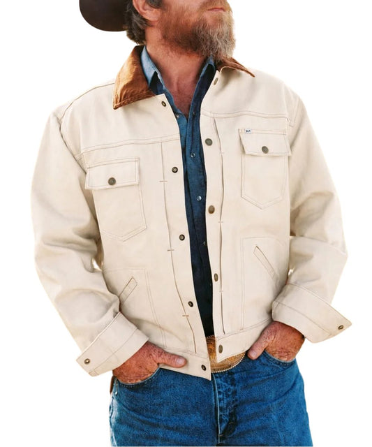 Modeled front view of the men's ecru Ely Cattelman Vintage Denim Jacket featuring the rust brown corduroy collar, snap closure, chest pockets, hand pockets, and pleat detailing