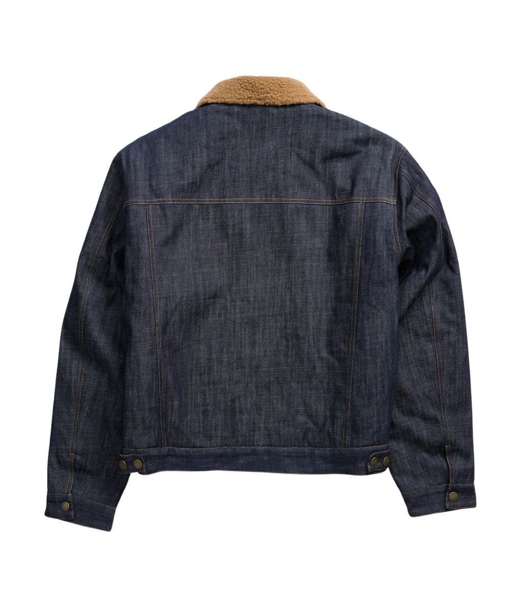 Back view of the men's dark wash denim jacket featuring the sherpa lined collar, snap cuffs, and satin quilted lining in the sleeves