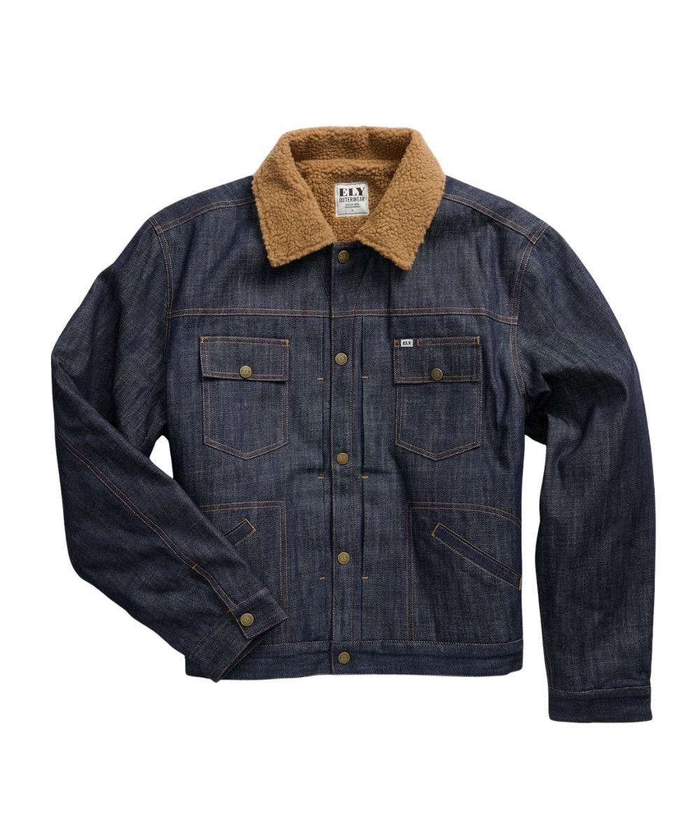 Front view of the men's vintage denim jacket featuring the snap closure and vintage styling