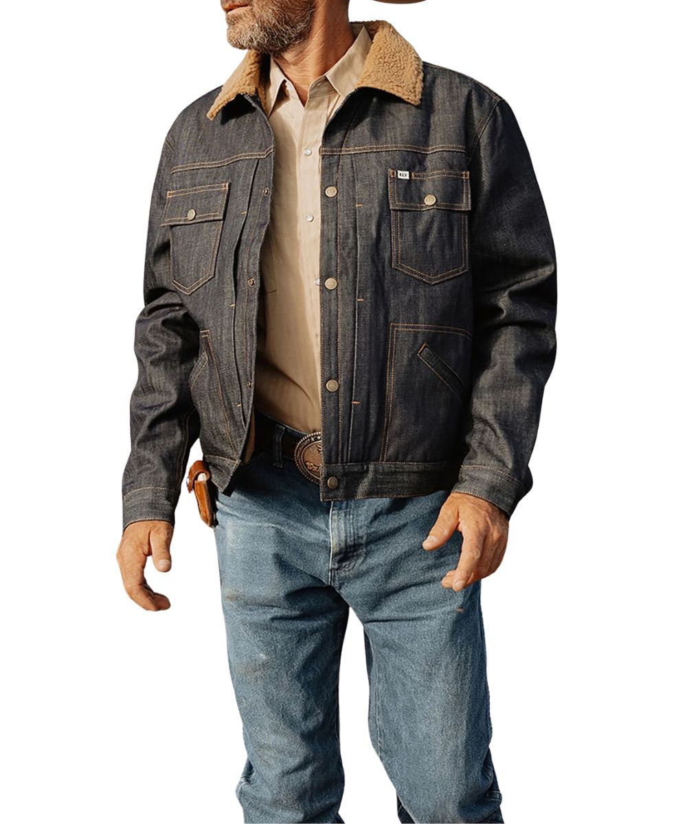 Modeled front view of the men's denim blue Ely Cattleman Denim Jacket featuring the sherpa lined body and collar, snap closure, hand pockets, and chest pockets