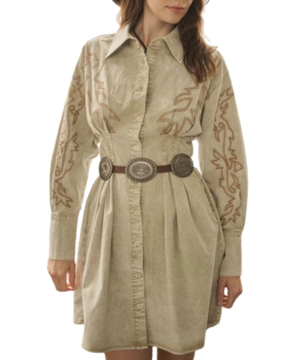 Front view of the women's washed sand long sleeve button down shirt dress