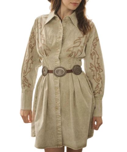 Front view of the women's washed sand long sleeve button down shirt dress
