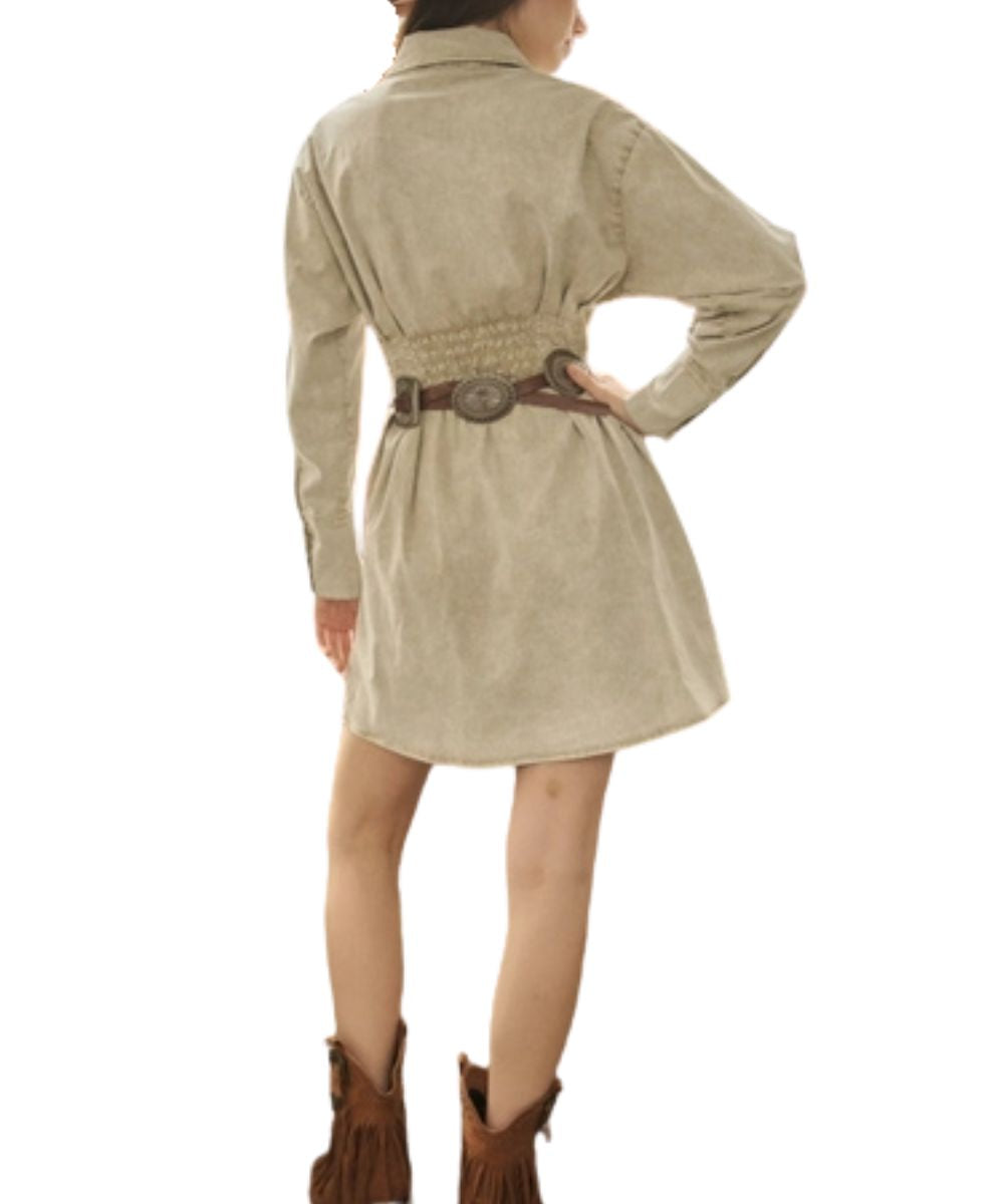 Back view of the women's long sleeve shirt dress featuring a smocked back