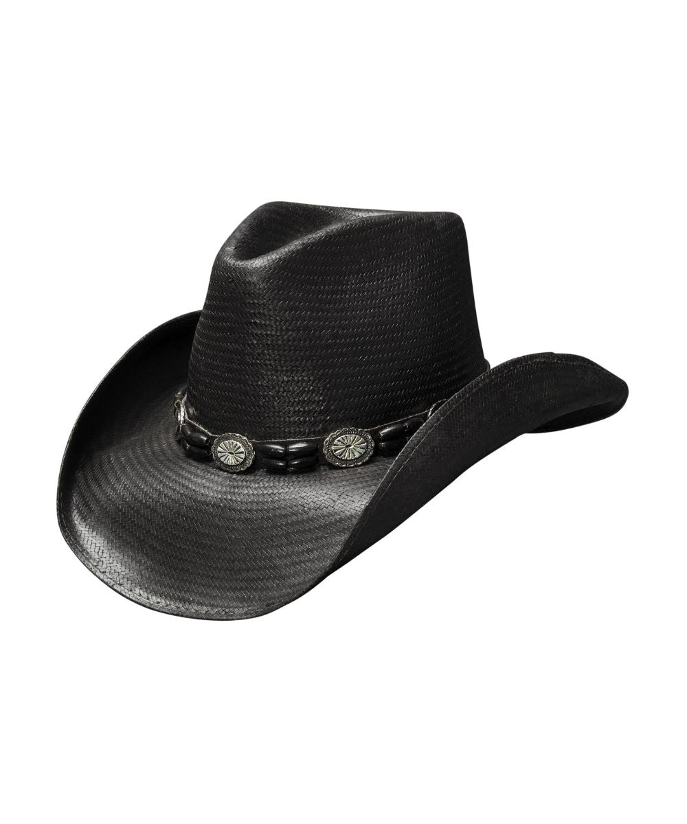 Black cowboy hat with a band on a white background