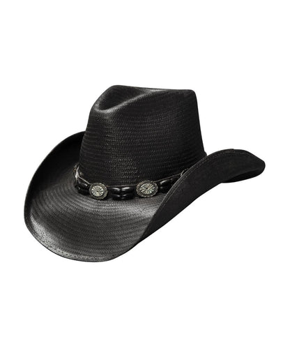 Black cowboy hat with a band on a white background