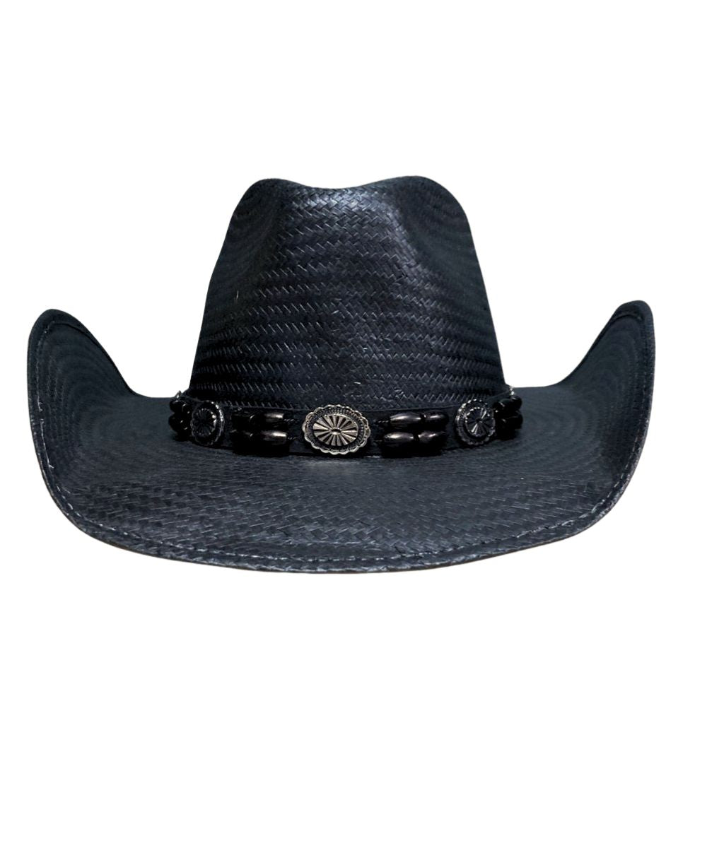 Black cowboy hat with decorative band on a white background