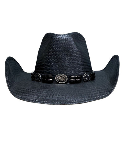 Black cowboy hat with decorative band on a white background
