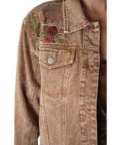 Close-up view of the western floral embroidery on the front chest